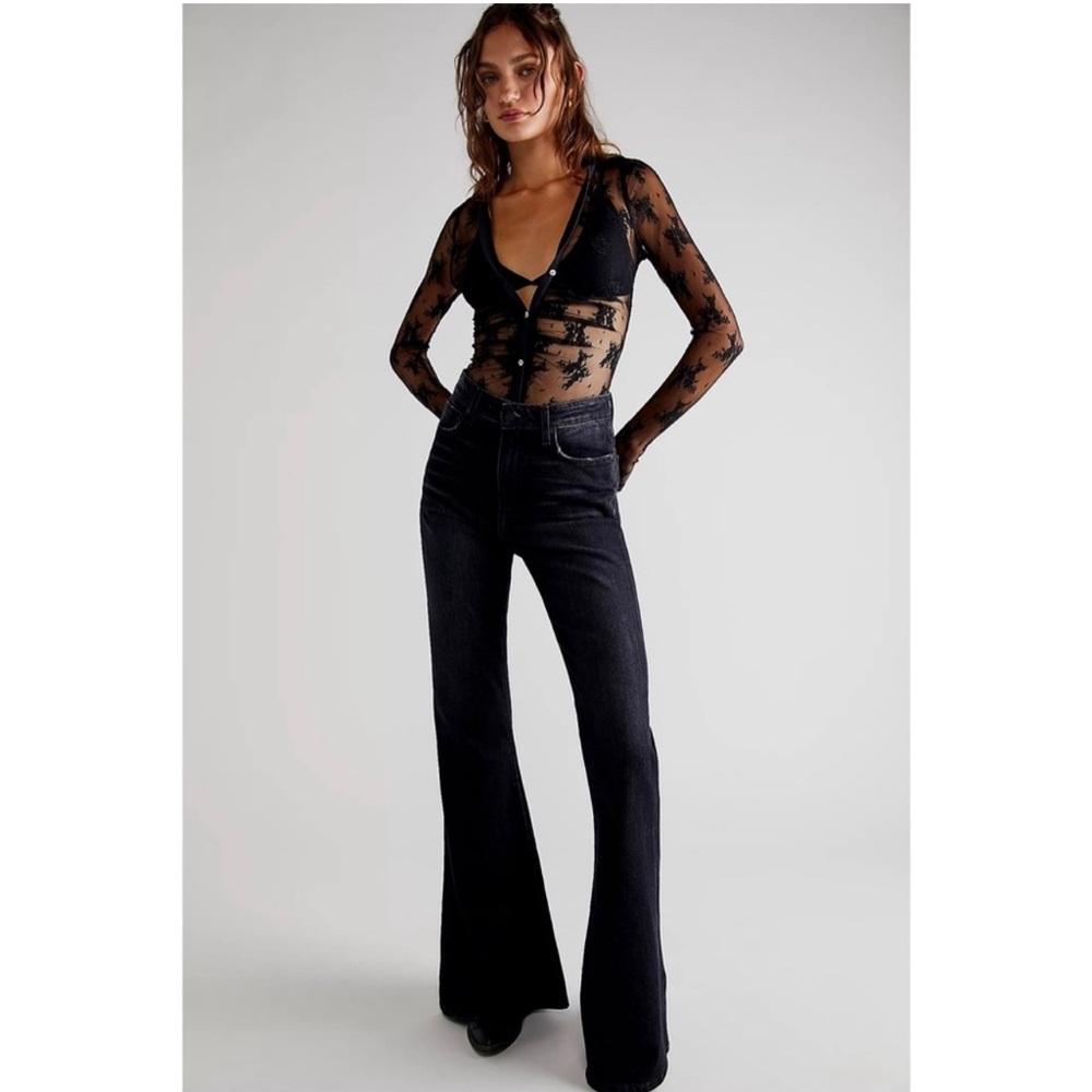 Free People Black High Waisted Jeans Sandrine Rose Flare Bell Bottom 6/28